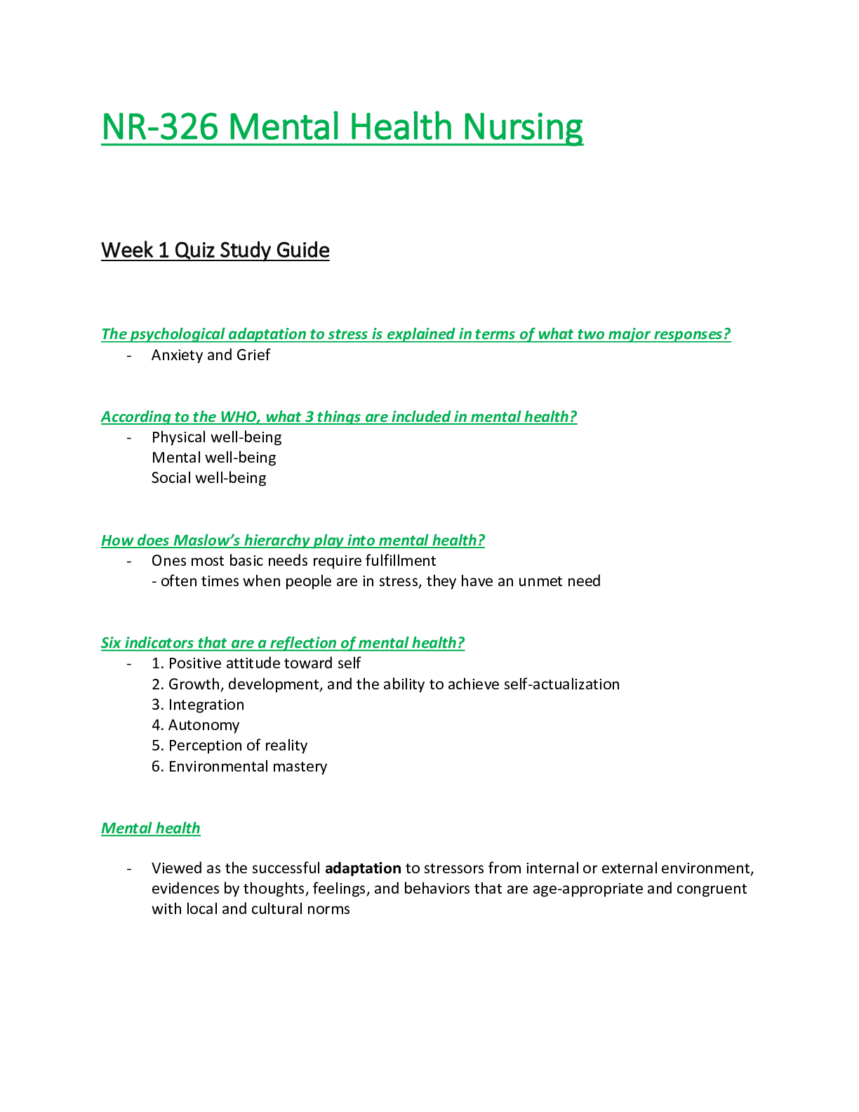 Preview of NR326 / NR 326 Week 1 Quiz Study Guide (Latest 2021 /2022): Mental Health Nursing - Chambe